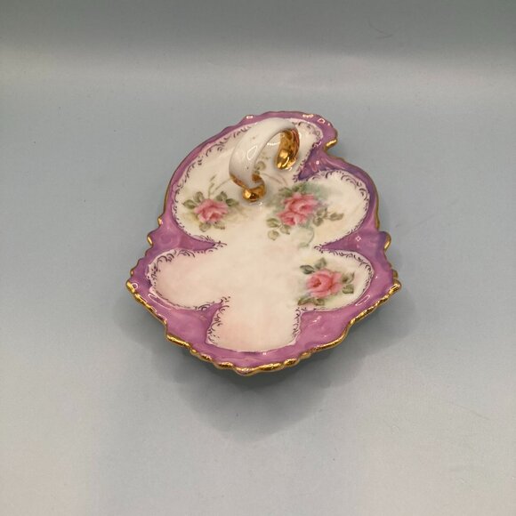 Handmade Porcelain Ceramic Dish w/Handle  Grannycore Trinket Jewelry Candy Cards - Picture 3 of 6